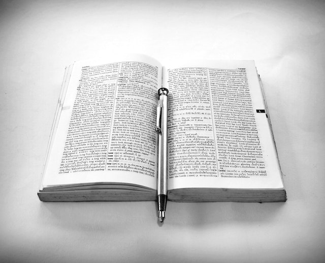 Czarno białe zdjęcie otwartego słownika z długopisem w środku.