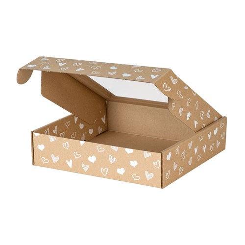 Pudełko ozdobne EKO białe serduszka 200x200x50mm z oknem