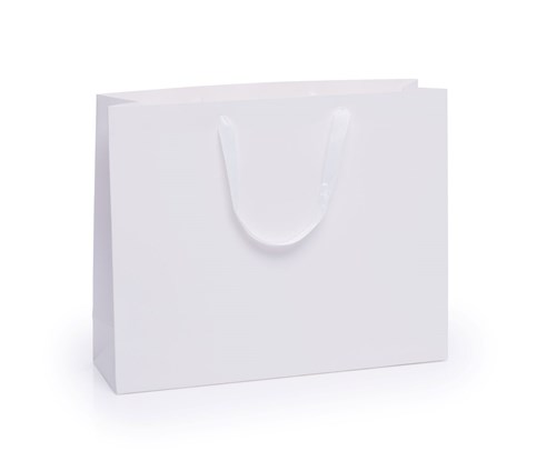 Biała torba papierowa kraft 450x130x360mm, sztywne opakowanie prezentowe z wymiennymi uchwytami