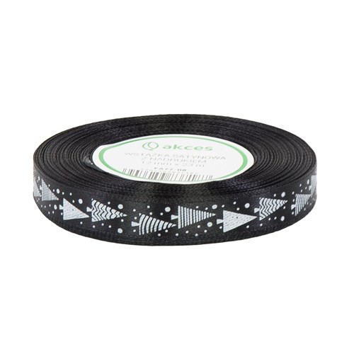 Wstążka świąteczna czarna z choinkami 25 mm x 22 m