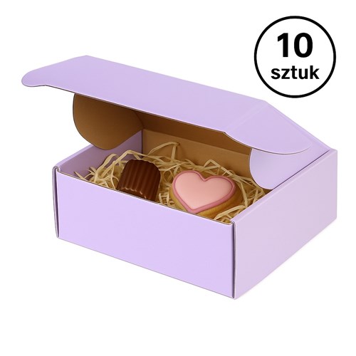 10 pudełek w rzędzie, fokus na krawędzie barwionej tektury i zatrzask klapy.