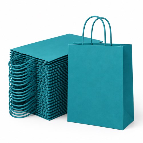100 zielononiebieskich toreb papierowych 230 × 120 × 300 mm 90 g/m² z uchwytem skręcanym typu kraft