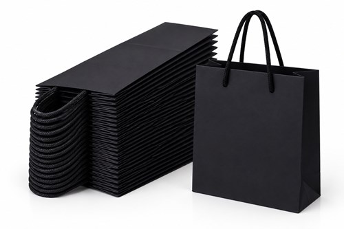 50 eleganckich czarnych toreb prezentowych kraft 140 × 51 × 153 mm z papieru 200 gsm, o wadze 22 g na sztukę, z wymiennymi uchwytami i możliwością zdo