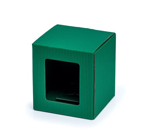 Zielone karbowane pudełko na kubek 105x105x112 mm z okienkiem do eleganckiego pakowania prezentów