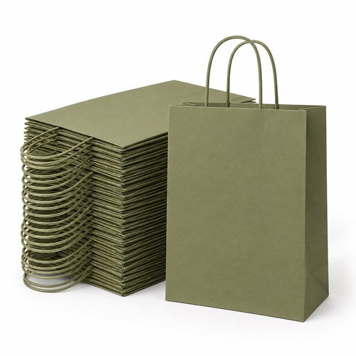 50 papierowych torebek khaki 230 × 120 × 300 mm z uchwytem skręcanym i dnem klockowym