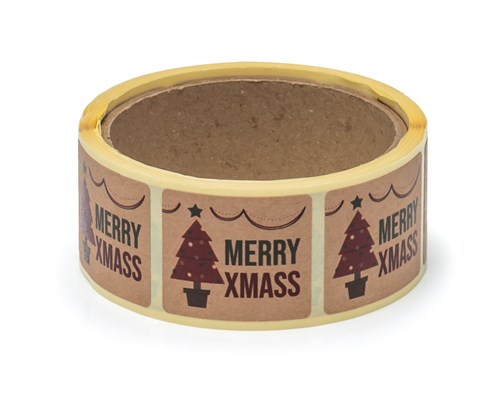 Naklejki papierowe Kraft 35x40mm Merry Xmas +Choinka, 200szt