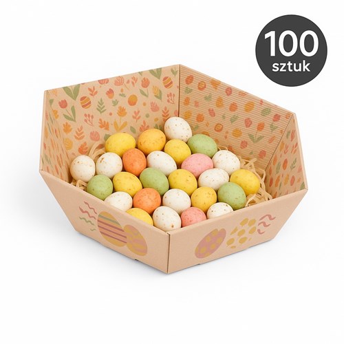 Zdjęcie 100 tacek ułożonych w stosy, pastelowy nadruk widoczny z góry.