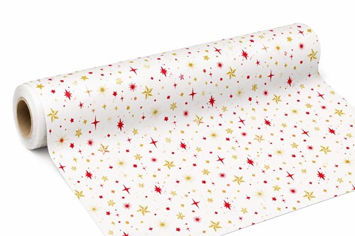 Rolka białego papieru do pakowania prezentów świątecznych 69 cm × 50 m z motywem gwiazdek, gramatura 60 g/m²