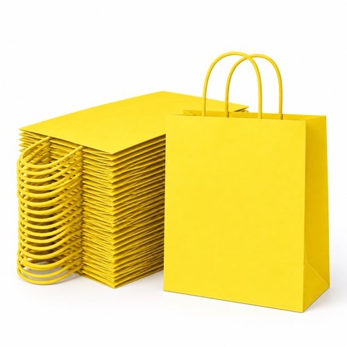 10 żółtych toreb papierowych kraft z papierowymi uchwytami skręcanymi i dnem klockowym, wymiary 230 × 120 × 300 mm, gramatura 90 g/m²