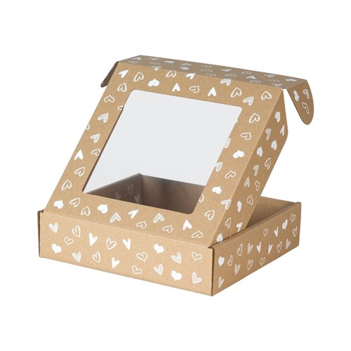 Pudełko ozdobne EKO białe serduszka 200x200x50mm z oknem