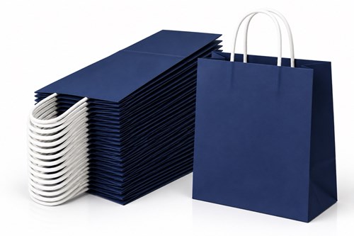 10 eleganckich granatowych toreb prezentowych ECOBAG 305 × 170 × 425 mm o pojemności 23 litrów, wykonanych z papieru 100 g/m², z szerokim dnem klockow