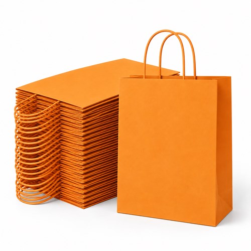 25 pomarańczowych torebek papierowych 230 × 120 × 300 mm 90 g/m² z uchwytem skręcanym i dnem klockowym