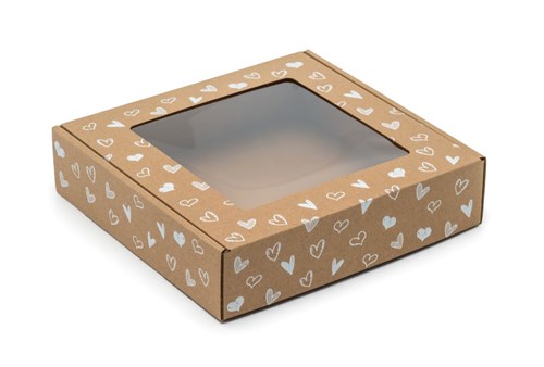 Pudełko ozdobne EKO białe serduszka 200x200x50mm z oknem