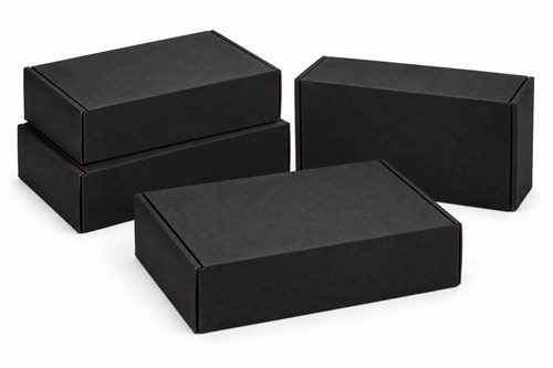 20 czarnych pudełek kartonowych wykrojnikowych 330 × 250 × 100 mm z tektury falistej typu E o gramaturze 350 g/m²
