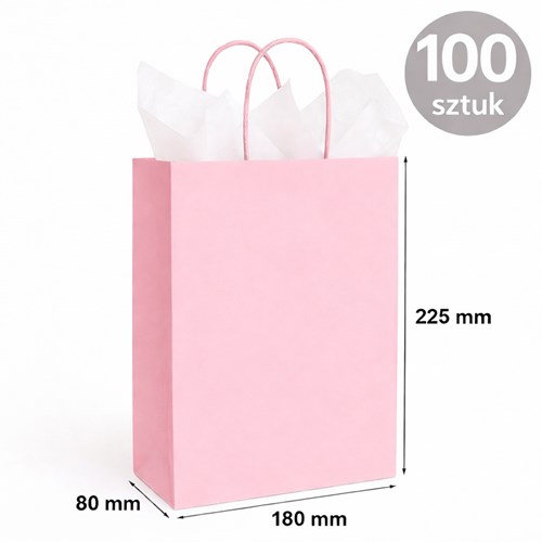 Torba papierowa kraft jasny różowy 180×80×225 mm z uchwytem 100 sztuk