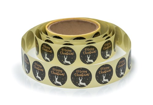 Naklejki Merry Christmas Czarne z Jelonkiem śr. 30mm 200szt.