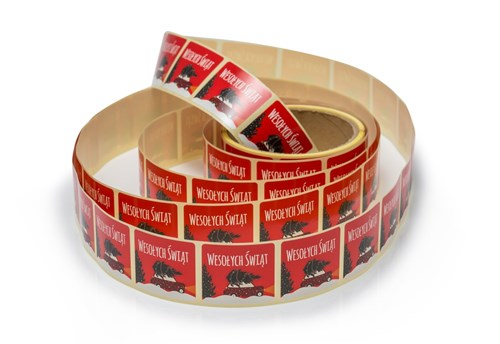 Naklejki świąteczne czerwone 35x40mm, Auto z choinką, 200szt