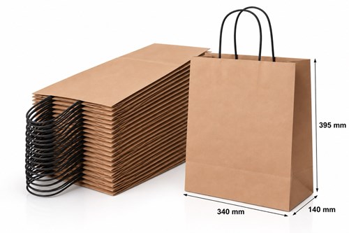 100 miedzianych torebek prezentowych o wymiarach 340 × 140 × 395 mm, wykonanych z papieru o gramaturze 100 g/m², ze skręcanymi uchwytami papierowymi