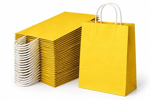 25 żółtych torebek papierowych prezentowych A4 o wymiarach 240 × 100 × 320 mm i pojemności 7,5 l, z papierowymi uchwytami sznurkowymi i dnem klockowym