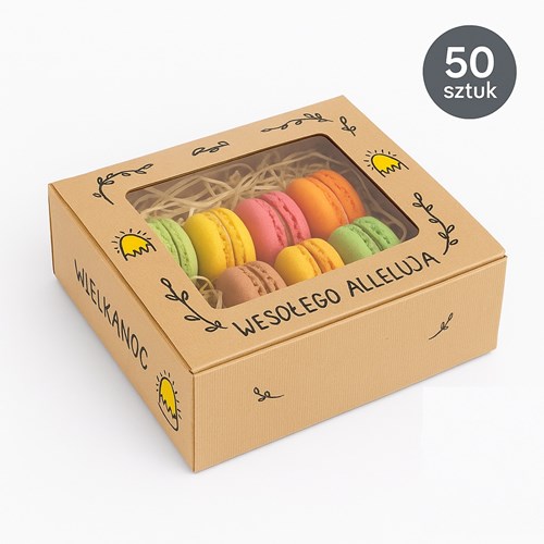 50 pudełek ustawionych warstwowo; część z wypełnieniem (słodycze/mini zestawy), jasne, wiosenne tło.
