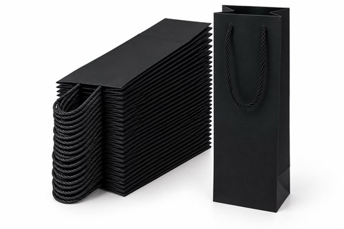50 eleganckich czarnych toreb prezentowych na pojedynczą butelkę wina lub szampana, format 115 × 90 × 355 mm, papier kartonowy 210 g/m², matowe wykońc