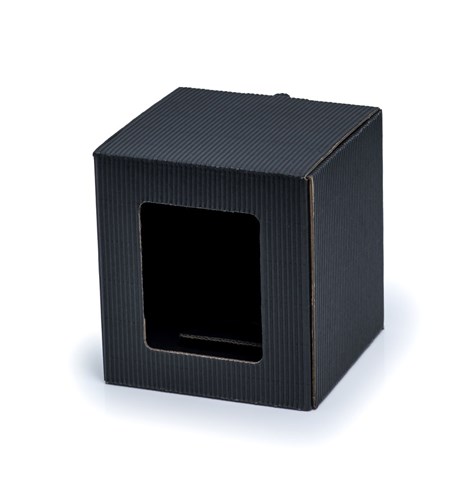 Czarne karbowane pudełko na kubek 105x105x112 mm z okienkiem do eleganckiego pakowania prezentów