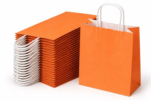 50 pomarańczowych torebek papierowych prezentowych ECOBAG o wymiarach 305 × 170 × 340 mm i pojemności 17,5 l, z uchwytami ze sznurka papierowego oraz