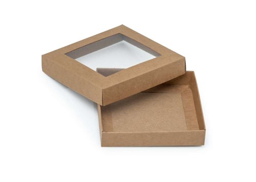 Pudełko ozdobne brązowe kraft 105x105x20 okno
