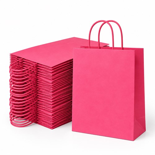 100 różowych toreb papierowych 230 × 120 × 300 mm z uchwytem skręcanym typu kraft, gramatura 90 g/m²