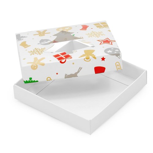 Pudełko świąteczne z oknem, choinka/prezenty 105x105x20mm