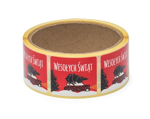 Naklejki świąteczne czerwone 35x40mm, Auto z choinką, 200szt