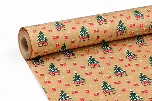 Świąteczny papier pakowy kraft z nadrukiem choinek i prezentów w rolce o długości 50 metrów i szerokości 69 cm, gramatura papieru 60 g/m²