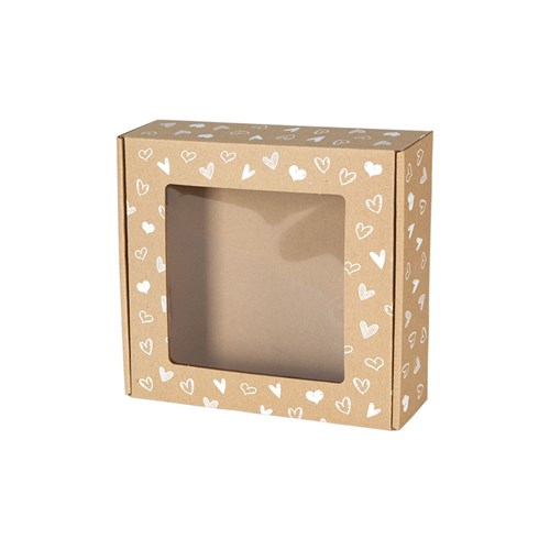 Pudełko ozdobne EKO białe serduszka 200x200x50mm z oknem