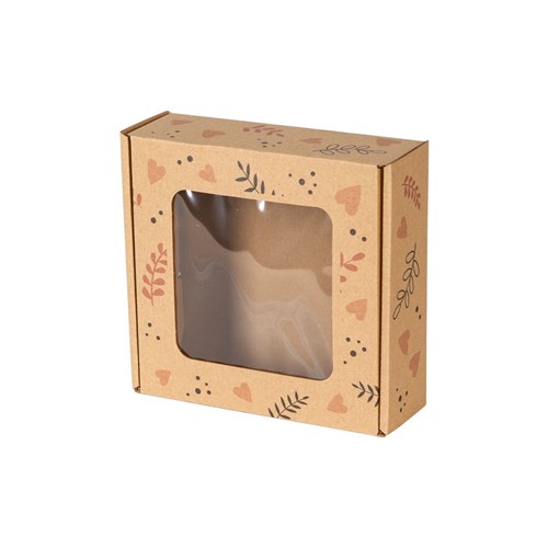 Pudełko ozdobne EKO Serca i liście 150x150x50mm z oknem