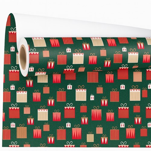  Zielony papier ozdobny 0,69x50 m z motywem prezentów – wesoły i klasyczny