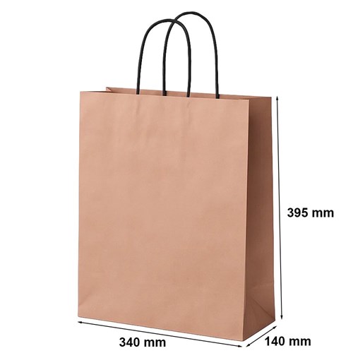 50 miedzianych torebek prezentowych o wymiarach 340 × 140 × 395 mm, wykonanych z papieru o gramaturze 100 g/m², ze skręcanymi uchwytami papierowymi t