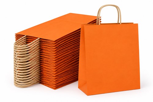 50 pomarańczowych torebek papierowych prezentowych A4 o wymiarach 240 × 100 × 320 mm i pojemności 7,5 l, z uchwytami z papierowych sznurków oraz dnem