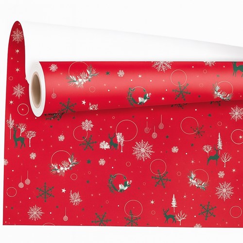 Czerwony papier ozdobny 0,69x50 m z nadrukiem reniferów – świąteczny styl klasyczny