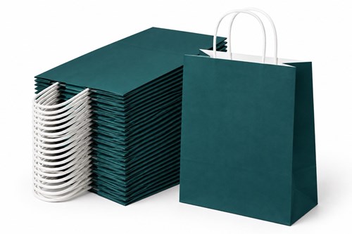 100 zielonych torebek papierowych prezentowych A4 o wymiarach 240 × 100 × 320 mm i pojemności 7,5 l, z papierowymi uchwytami sznurkowymi i dnem klocko