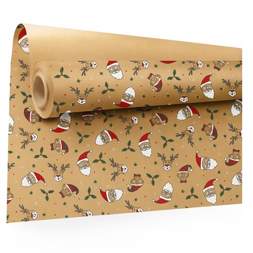 Świąteczny papier kraft z nadrukiem Mikołajów 0,69x50 m – rustykalny styl świąt