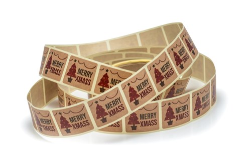 Naklejki papierowe Kraft 35x40mm Merry Xmas +Choinka, 200szt