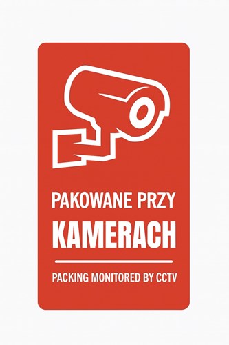 Naklejka „PAKOWANE PRZY KAMERACH” 100x50 mm na kartonie e-commerce