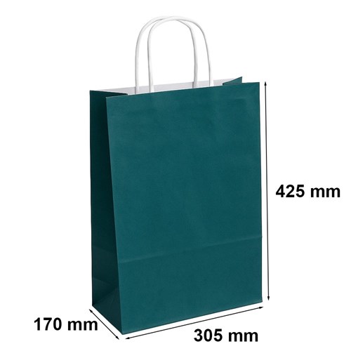 50 zielonych toreb prezentowych ECOBAG 305 × 170 × 425 mm o pojemności 23 litrów, wykonanych z papieru 100 g/m², z szerokim dnem klockowym i papierowy
