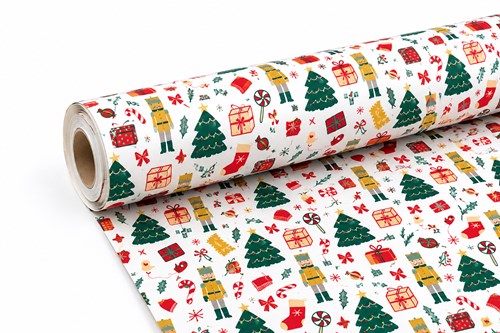 Biały papier świąteczny do pakowania prezentów ze wzorem prezentów i różnych ozdób bożonarodzeniowych, rolka o szerokości 69 cm i długości 50 m