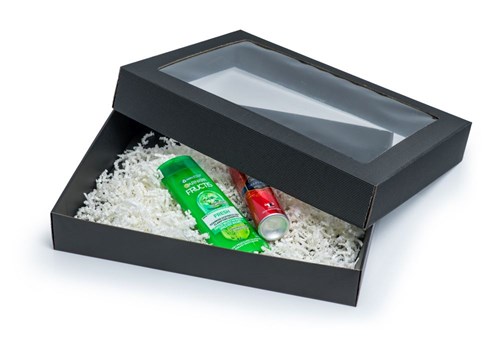 Pudełko prezentowe karbowane czarne 450x350x70mm z oknem