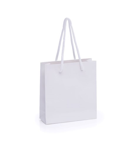 Biała torba papierowa kraft 140x51x153mm prezentowa z wymiennymi uchwytami