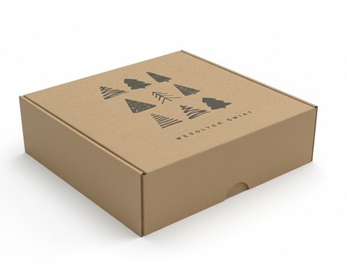 Karton świąteczny kraftowy z nadrukiem choinek, pudełko prezentowe i wysyłkowe.