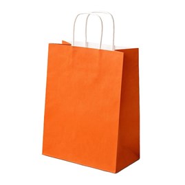25 pomarańczowych toreb prezentowych ECOBAG 305 × 170 × 425 mm o pojemności 23 litrów, wykonanych z papieru 100 g/m², z szerokim dnem klockowym i papi