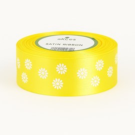 Żółta wstążka satynowa z nadrukiem kwiatki 25 mm