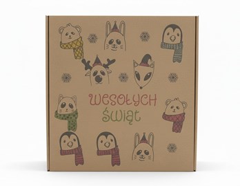Kraftowy karton świąteczny z nadrukiem zwierzątek i napisem „Wesołych Świąt”.